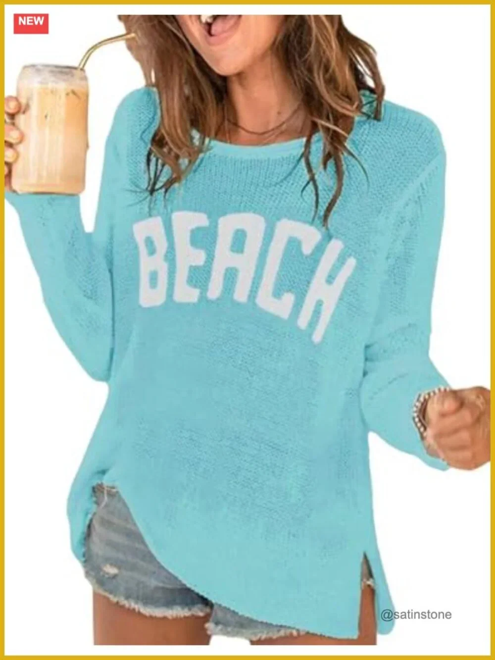Women's Long Sleeve Crochet Cover Up Sweater Letter Print Split Hem Pullover